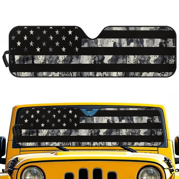 Psesaysky Windshield Sun Shade Compatible with Car SUV Off-road Vehicle 52.95"x16.14" Folding Front Window Sun Shade for Car Accessories (Grey Camo American Flag)