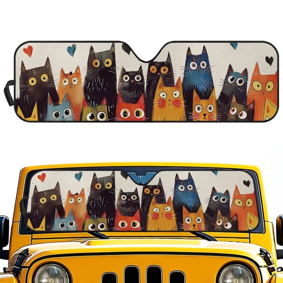 Psesaysky Windshield Sun Shade, Cute Cats Sunshade Compatible with Car Off-road Vehicle Foldable Windshield Sun Visor Blocks UV Rays 52.95x16.14 inch