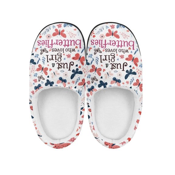 Psesaysky Winter Fluffy Slippers for Children Anti-Slip Comfortable House Slippers Fashion Printed Slipper for Girls Butterflies Lovers