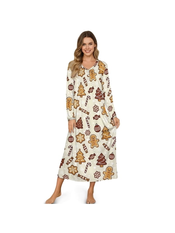 Winter Long Nightgowns for Women Christmas Gingerbread Man Candy Print V Neck Long Sleeves Night Gown Soft Comfy Loungewear Plus Size Sleepwear, 2XL