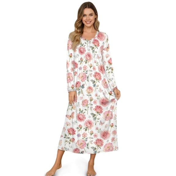 Psesaysky Winter Nightgowns for Women Button Down Long Sleeve Pink Rose Butterfly Print House Dress Winter Warm Nightdress Loungewear, XL