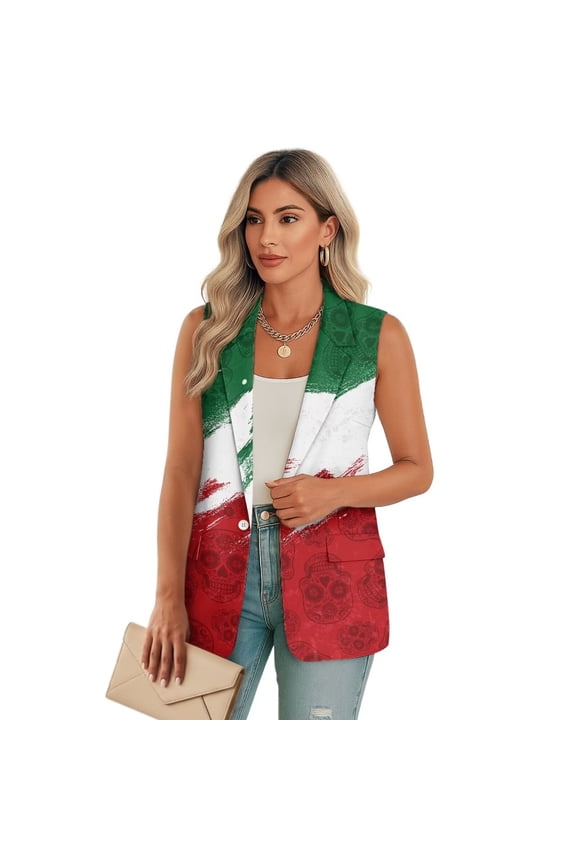 Winter Women's Sleeveless Vest Blazer - Mexican Sugar Skull Print Lapel Collar Vest Tops Warm Fashion Casual Work Office Outerwear with Pockets, Size 3XL
