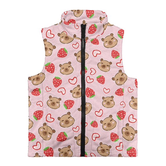 Psesaysky With Pockets Sleeveless Fleece Jacket for Jogging Spring, Pink Bear Strawberry Polyester Soft Kids Zip Up Vest