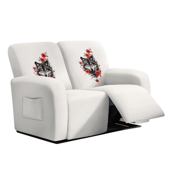 Psesaysky Wolf Plum Blossom Print Recliner Chair Cover Non-Slip Bottom Two Seat Recliner Cover with Storage Pockets