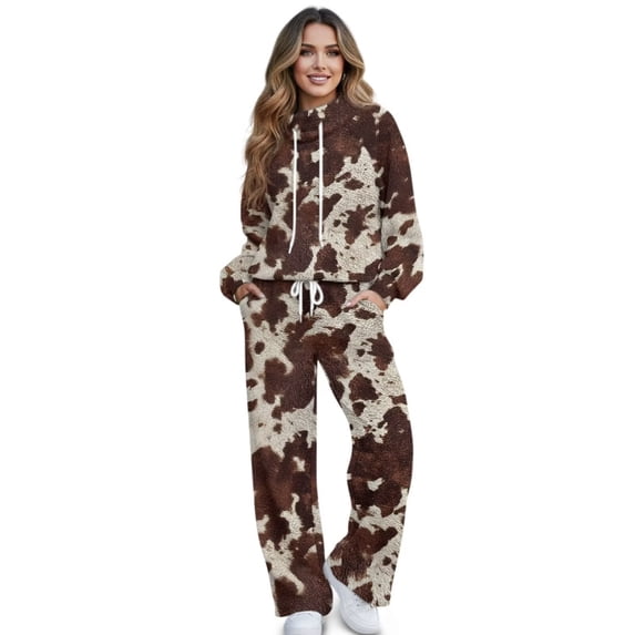 Psesaysky Women 2 Piece Lounge Sets Brown Cowhide Print Loose Fit Sweatsuit Fall Outfits Matching Wide Leg Pants Set Tracksuit Trendy Clothes, Size M