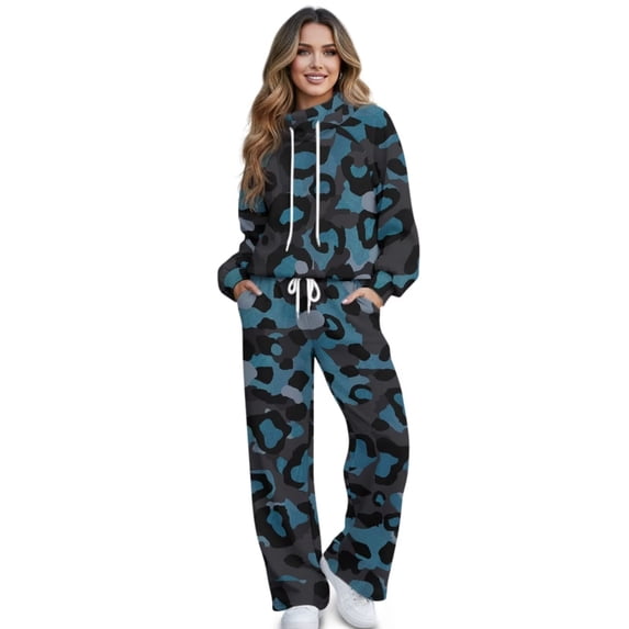Psesaysky Women 2 Piece Outfits Blue Cheetah Print Fall Sweatsuits Turtleneck Sweatshirt Wide Leg Sweatpants Y2K Lounge Sets Tracksuit, Size XS