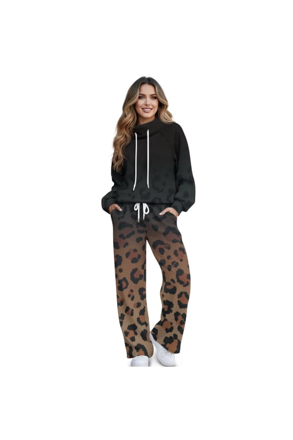 Women 2 Piece Outfits Gradient Leopard Print Sweatsuit Oversized Soft Pullover Sweater Tops Wide Leg Pants Brown Lounge Set Track Suits, Size XL