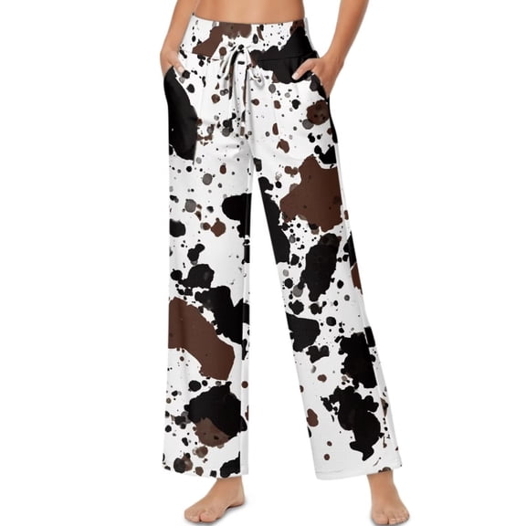 Psesaysky Women Flowy Pants Cow Splash Print Drawstring High Waist Wide Leg Palazzo Loose Fit Yoga Pants with Pockets Beach Vacation Travel Outfits, Size 2XL