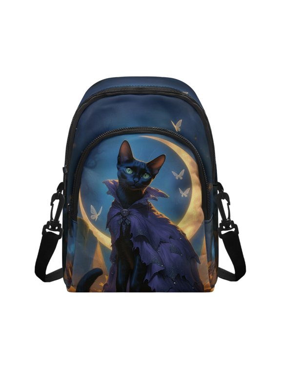 Women Shoulder Bag with Black Cat Moon Pattern, Polyester Crossbody Handbag with Adjustable Strap, for Travel Shopping Daily Use