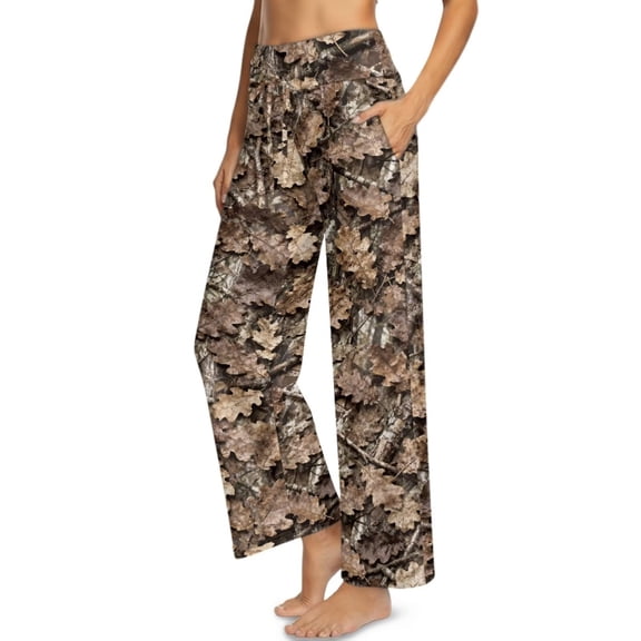 Psesaysky Women Wide Leg Pants Hunting Camo Print High Waist Loose Flowy Adjustable Tie Knot Trousers Business Casual Pants with Pockets Brown, Size M