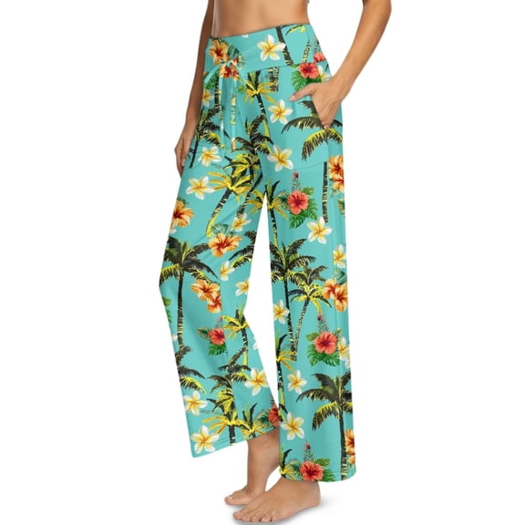 Psesaysky Women Wide Leg Pants Tropical Palm Tree Flower Print High Waist Loose Flowy Adjustable Tie Knot Trousers Business Casual Pants with Pockets, Size S
