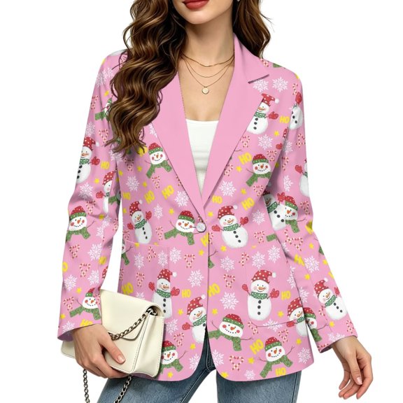 Psesaysky Women's Christmas Snowman Pink Blazer for Work Long Sleeve Jackets