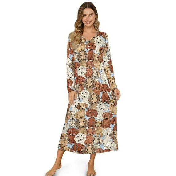 Psesaysky Women's Dachshund Dogs Print Nightgown Long Sleeve - Soft Comfy Sleepwear, Cozy Warm Long Full Length Sleep Dress Loungewear, XL