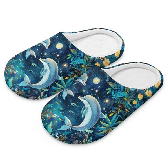 Psesaysky Women's Dolphin Moon Floral Print Closed Toe Slippers for Women Soft Sole Cotton Slide Lightweight Indoor Slippers Bedroom Shoes, Size 7.5-8.5