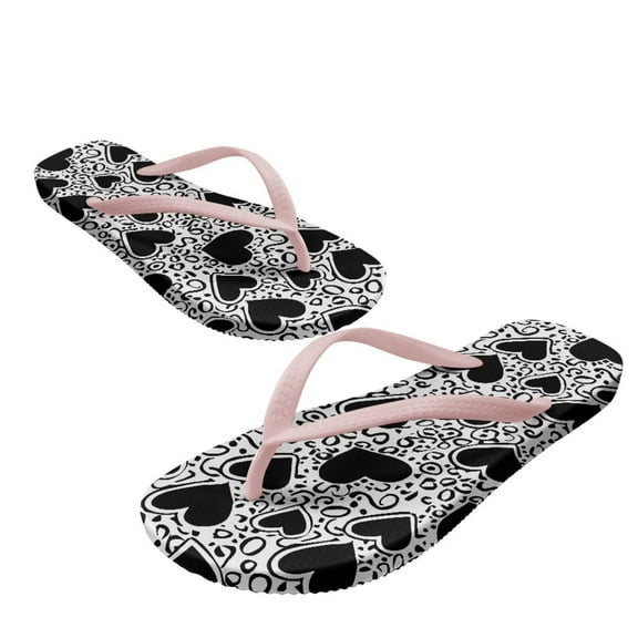 Psesaysky Women's Flip Flops with Black Love Heart Non Slip Walking Thong Sandals Summer Quick Drying Pool Beach Sandals Slip-on Flat Shower Shoes House Slippers Pink Strap Size 6.5