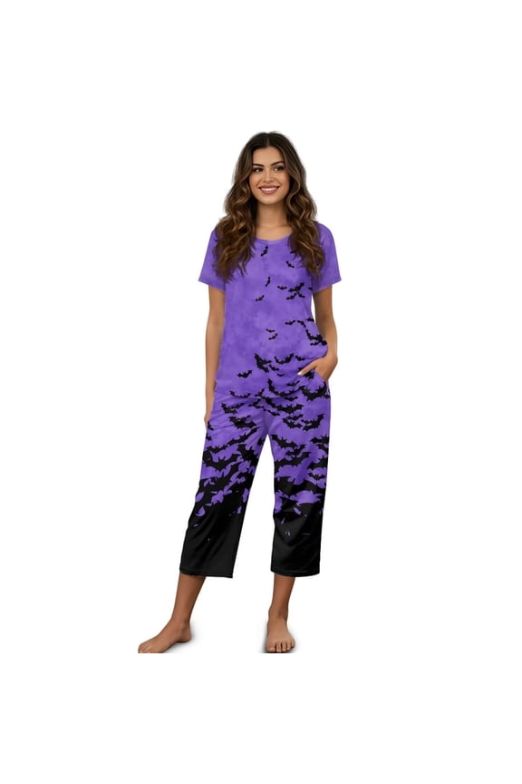 Women’s Gothic Bat Pajamas, Soft Breathable 2 Piece Sleepwear Set with Capri Pants, Pockets and Relaxed Fit for Halloween Lounge Wear