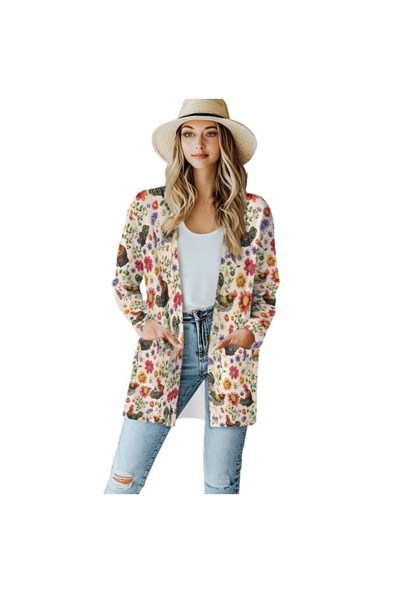 Women's Green Chicken Red Gold Floral Long Sleeve Cardigan Sweaters Lightweight Kimono Coverups Classic Open Front Cardigans Drape Fall Long Sleeve Sweater Outwear Loose Coat with Pockets