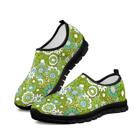 Psesaysky Women's Green Floral Casual Shoes Loafers Comfortable Breathable Slip-on Sneakers Size 5.5-11.5