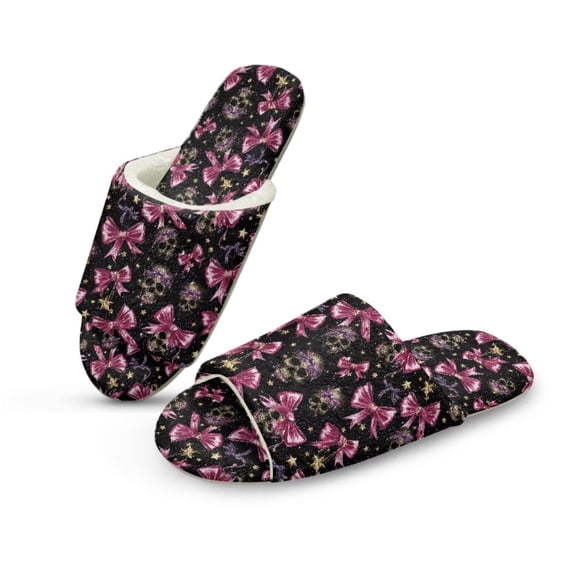 Psesaysky Women's Indoor Slippers Pink Bow Tie Skull Print Fuzzy House Slippers for Women Open Toe Slide for Ladies Bedroom Shoes, Size 10.5-11.5