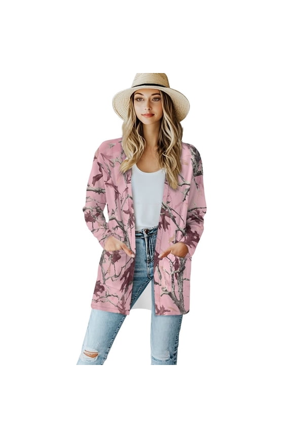 Women's Pink Camo Hunting Forest Open Front Cardigans Soft Cardigans Lightweight Long Sleeve Cardigan Sweater Outwear Loose Jacket Coat Tops with Pockets