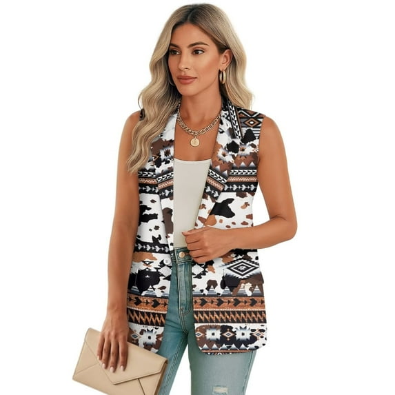 Psesaysky Women's Sleeveless Blazer Vest Brown Aztec Cow print Open Front Casual Warm Suit Blazer V-Neck Lapel Outerwear Vests, Size L