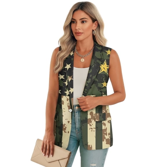 Psesaysky Women's Sleeveless Blazer Vest Green American Flag Camo Print Open Front Casual Warm Suit Blazer V-Neck Lapel Outerwear Vests, Size 4XL