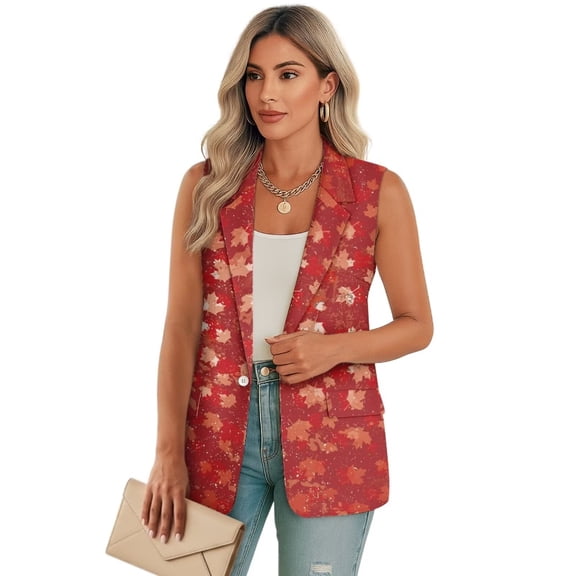 Psesaysky Women's Sleeveless Blazer Vest Maple Leaves Print Open Front Casual Warm Suit Blazer V-Neck Lapel Outerwear Vests, Size L