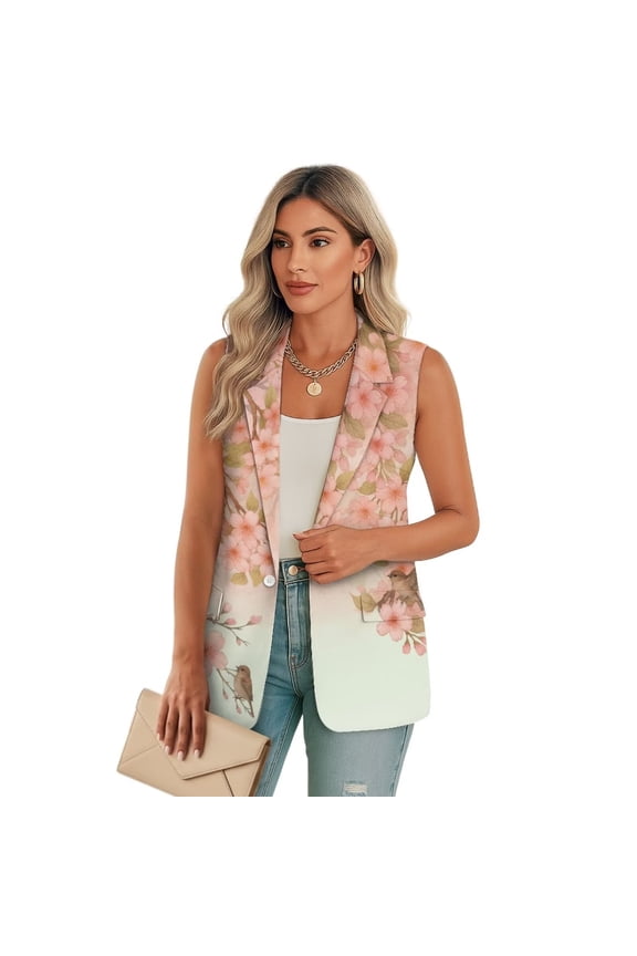 Women's Sleeveless Blazer Vest Pink Cherry Blossom Bird Print Open Front Casual Warm Suit Blazer V-Neck Lapel Outerwear Vests, Size XL