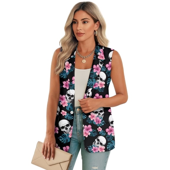 Psesaysky Women's Sleeveless Blazer Vest Tropical Hibiscus Skull Print Open Front Casual Warm Suit Blazer V-Neck Lapel Outerwear Vests, Size 2XL