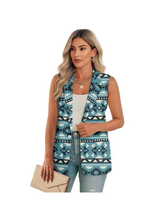 Women's Sleeveless Blazers Open Front Casual Blazer Vests Blue Native Tribe Print Lapel Single Button Lightweight Jackets Women, Size 3XL