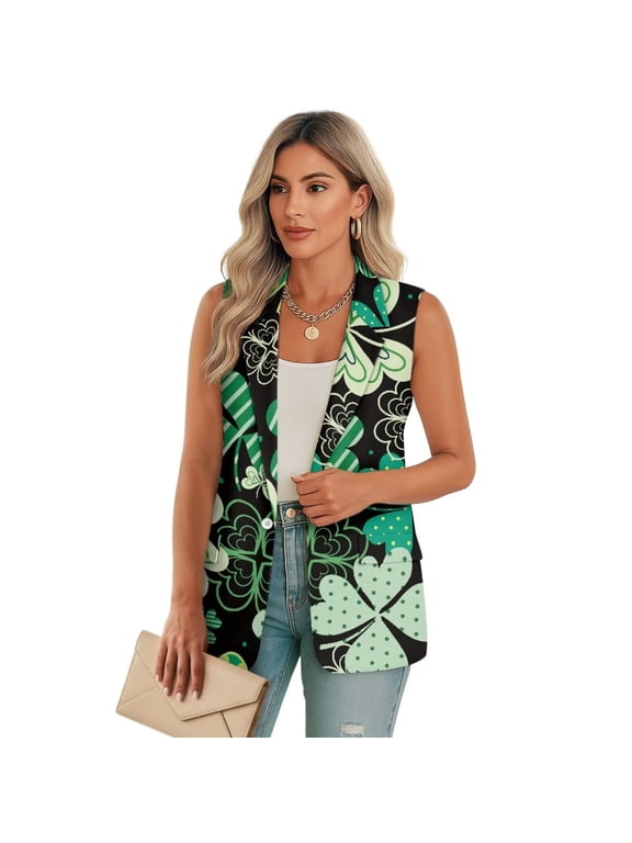 Women's Sleeveless Blazers Open Front Casual Blazer Vests Novelty Green Leaves Print Lapel Single Button Lightweight Jackets Women, Size XL