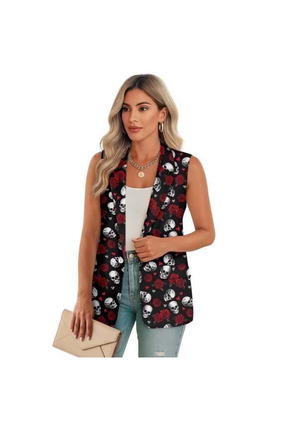 Women's Sleeveless Blazers Open Front Casual Blazer Vests Skull Rose Print Lapel Single Button Lightweight Jackets Women, Size 3XL