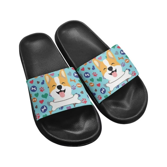 Psesaysky Women's Slide Sandals with Dog Pattern Cute Versatile Slippers for Ladies Girls Non-Slip Comfortable Beach Slides Dormitory Sandals Black Sole Size 7.5