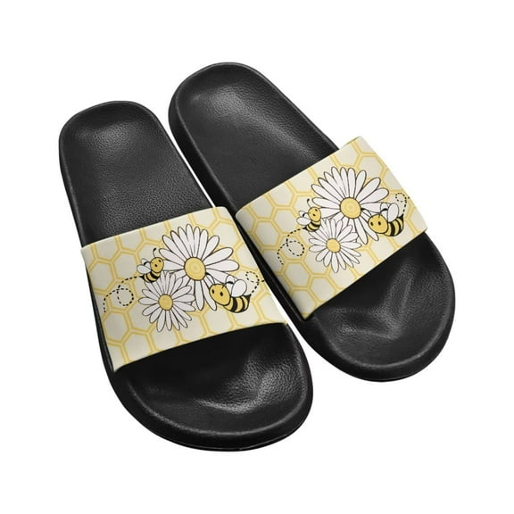 Psesaysky Women's Slide Sandals Little Bee Cartoon Printed Slippers for Girl Students Versatile Comfort Anti-Slip Beach Sandals Dormitory Slipper Black Sole Size 9
