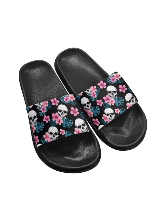 Women's Slide Sandals Skull and Flowers Convenient Comfort Slip-on House Slippers Summer Non-Slip Fashion Beach Sandals Black Sole Size 9