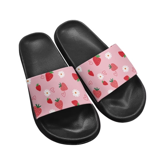 Psesaysky Women's Slide Sandals Strawberries Daisy Summer Slippers for Teen Girls Beach Sandals Anti-Slip Lightweight Comfort House Sandals Water Slides Black Sole Size 9