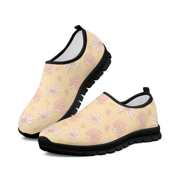 Psesaysky Women's Slip on Casual Sneakers Pink Small Daisy Printed Shoes for Girls Non Slip Breathable Walking Shoes for Spring and Autumn with Arch Support Black Sole Size 11