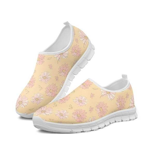 Psesaysky Women's Slip on Casual Sneakers Pink Small Daisy Printed Shoes for Girls Non Slip Breathable Walking Shoes for Spring and Autumn with Arch Support White Sole Size 10