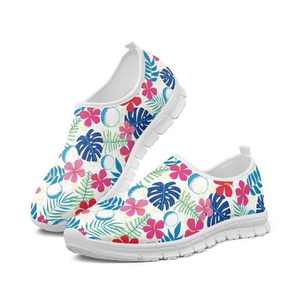 Psesaysky Women's Slip on Sneakers Lightweight Breathable Walking Shoes Ball and Palm Leaves Printed Casual Shoes Loafers for Big Girls Gift for Wife Ladies White Sole Size 6