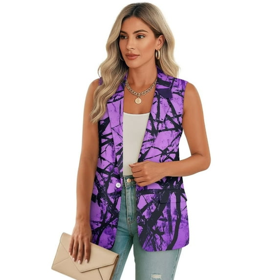 Psesaysky Women’s Vest Tops Fall Winter Sleeveless Purple Hunting Camo Branch Print Blazer Jackets Single Button Work Suit with 2 Pockets, Size 2XL