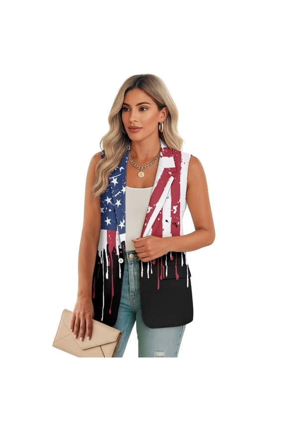 Women's Waistcoat American Flag Painting Print Sleeveless Button Down V-Neck Suit Vests with Pockets Patriot Casual Work Office Outerwear, Size 3XL