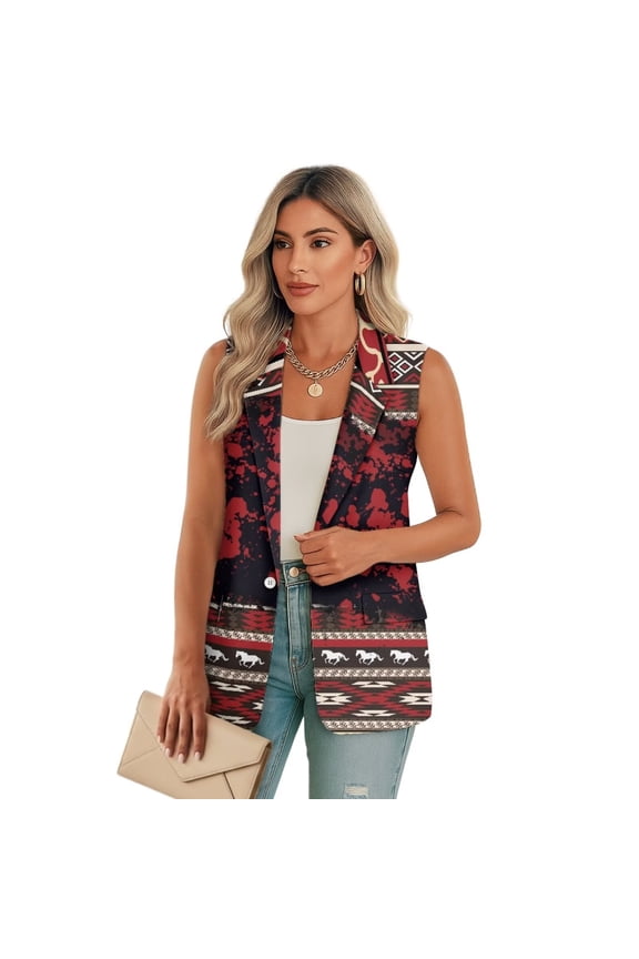 Women's Waistcoat Red Tribal Horse Print Sleeveless Button Down V-Neck Suit Vests with Pockets Casual Work Office Outerwear, Size 3XL