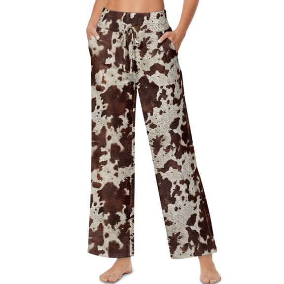 Psesaysky Women's Wide Leg Lounge Pants with Pockets Brown Cowhide Print Lightweight High Waisted Adjustable Tie Knot Loose Trousers, Size S