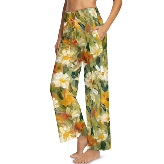 Psesaysky Women's Wide Leg Lounge Pants with Pockets Oil Art Floral Print Lightweight High Waisted Adjustable Tie Knot Loose Trousers, Size M
