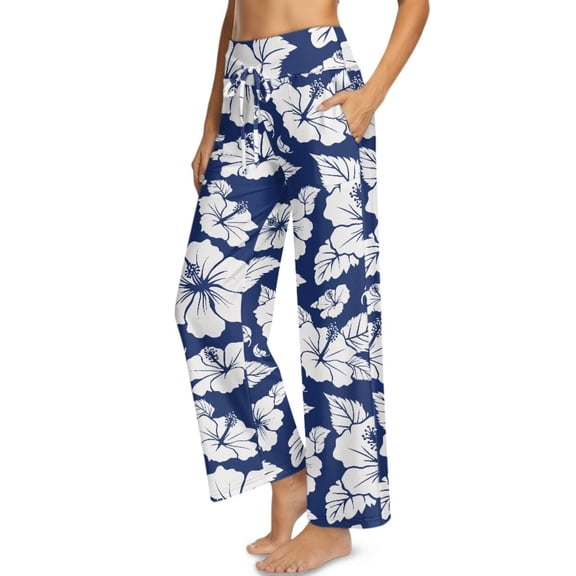 Psesaysky Women's Wide Leg Pants Blue Hibiscus Floral Print Trendy Fall Clothes Elastic High Waisted Casual Lounge Palazzo Pant Trousers with Pockets, Size S