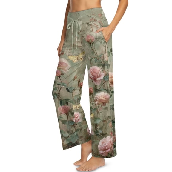 Psesaysky Women's Wide Leg Pants with Pockets High Waist Adjustable Knot Loose Casual Trousers Business Travel Casual Pants (Vintage Rose Print), Size XL