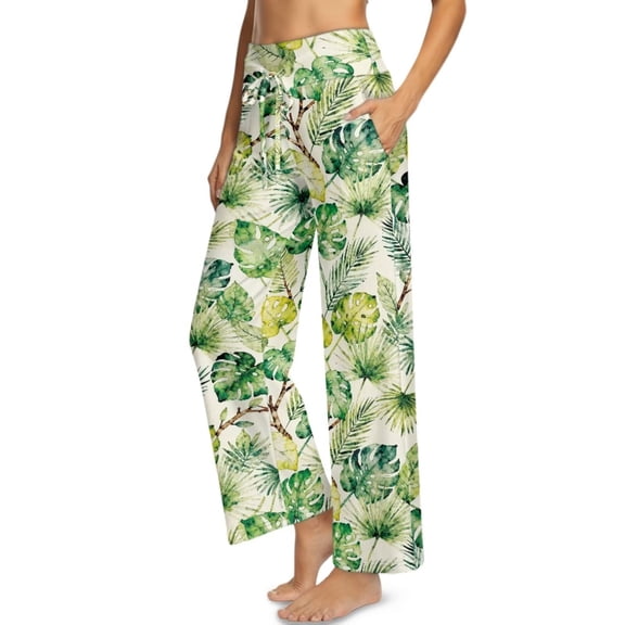 Psesaysky Women's Wide Leg Pants with Pockets Tropical Style High Waist Adjustable Knot Loose Casual Trousers Business Travel Casual Pants (Green Monstera Leaves Print), Size S