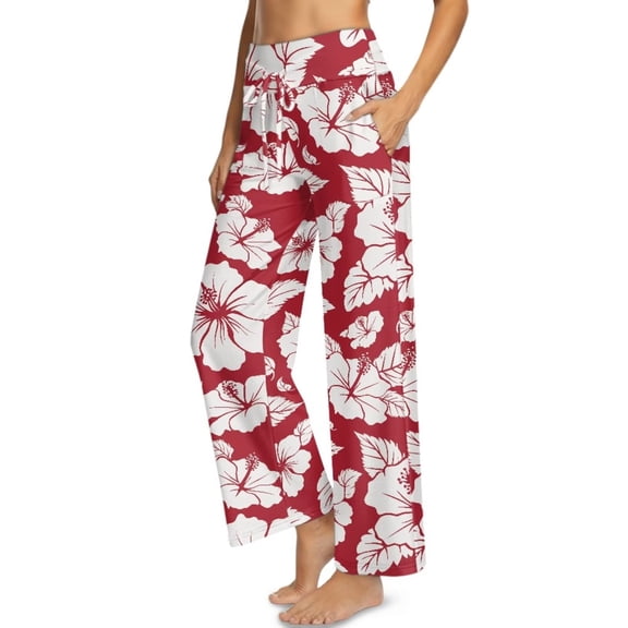 Psesaysky Women's Wide Leg Pants Red Hibiscus Floral Print Trendy Fall Clothes Elastic High Waisted Tropical Casual Lounge Palazzo Pant Trousers with Pockets, Size L