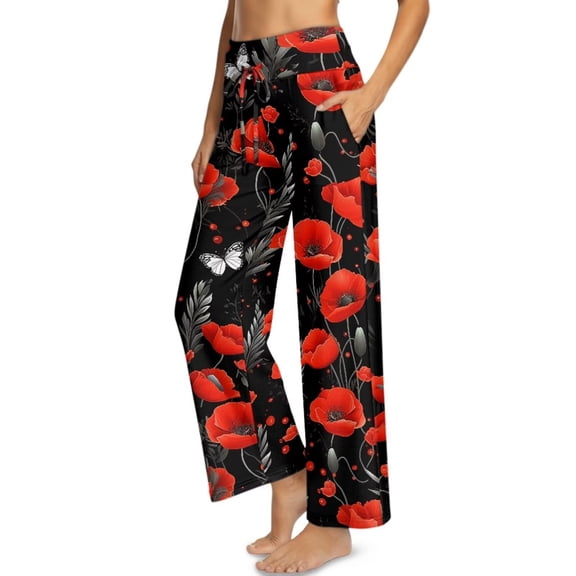 Psesaysky Women's Wide Leg Pants Red Poppy Print Trendy Fall Clothes Elastic High Waisted Casual Lounge Palazzo Pant Trousers with Pockets, Size L
