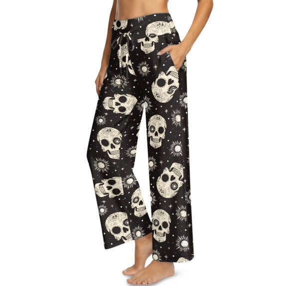 Psesaysky Women's Wide Leg Pants Skull and Sun Print Trendy Fall Clothes Elastic High Waisted Casual Lounge Palazzo Pant Trousers with Pockets, Size L